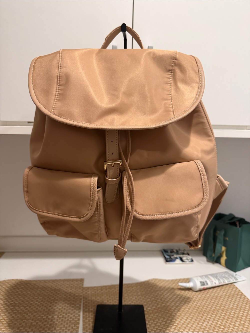 Year Of ours Satin-Finish Tan Backpack with Front Pockets